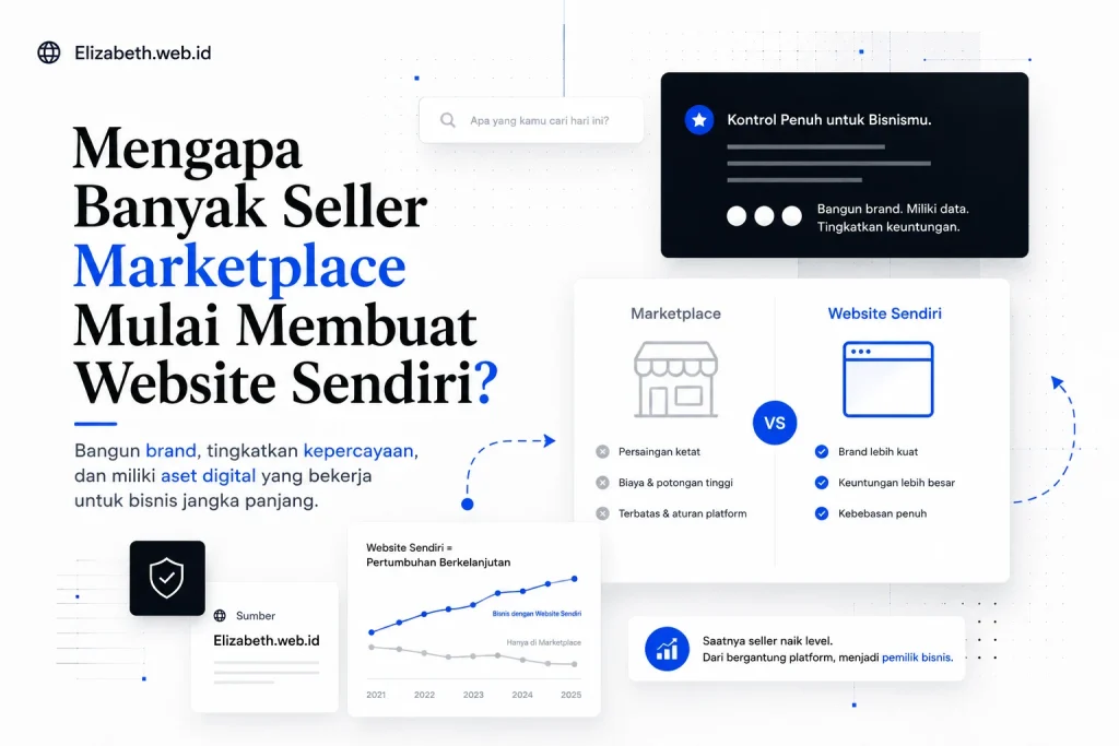 Thumbnail artikel tentang alasan seller marketplace mulai membuat website sendiri dengan desain modern minimalis dan perbandingan marketplace vs website bisnis pribadi.