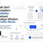 Thumbnail artikel Elizabeth.web.id tentang pindah dari marketplace ke website sendiri dengan ilustrasi perubahan mindset bisnis digital, traffic shock, dan strategi membangun aset digital jangka panjang.
