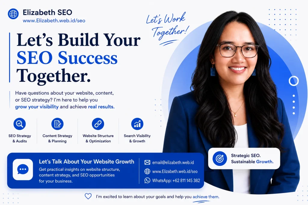Elizabeth SEO Consultant banner featuring website growth strategy, content planning, SEO consulting services, and contact information for businesses seeking better search visibility.