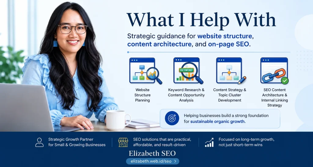 Elizabeth SEO strategic growth partner helping small and growing businesses with website structure planning, content architecture, and on-page SEO.