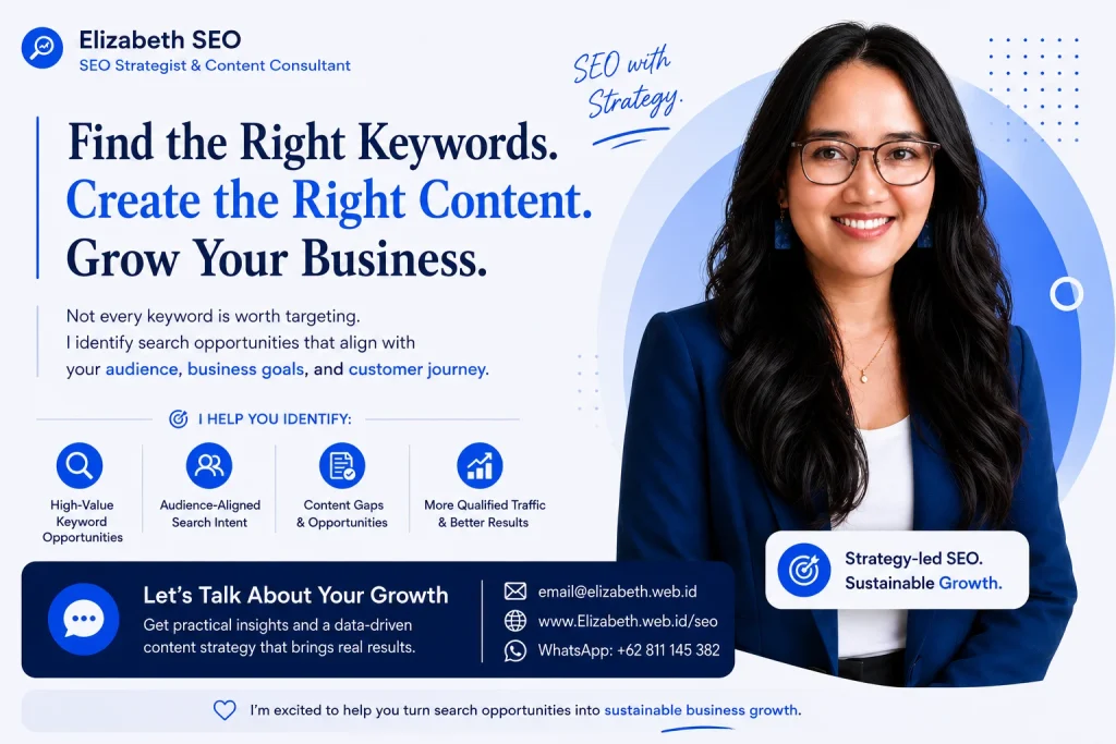 Keyword Research and Content Opportunity Analysis by Elizabeth SEO showing search intent analysis, content gaps, keyword opportunities, audience research, and SEO growth strategy.