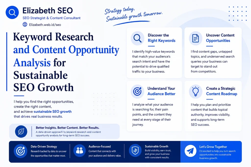 SEO thumbnail about keyword research and content opportunity analysis for sustainable SEO growth, search visibility, and content strategy planning.